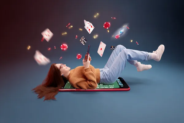 A glamorous woman holding casino chips in a neon-lit environment, representing the premium online casino atmosphere of TKPK.